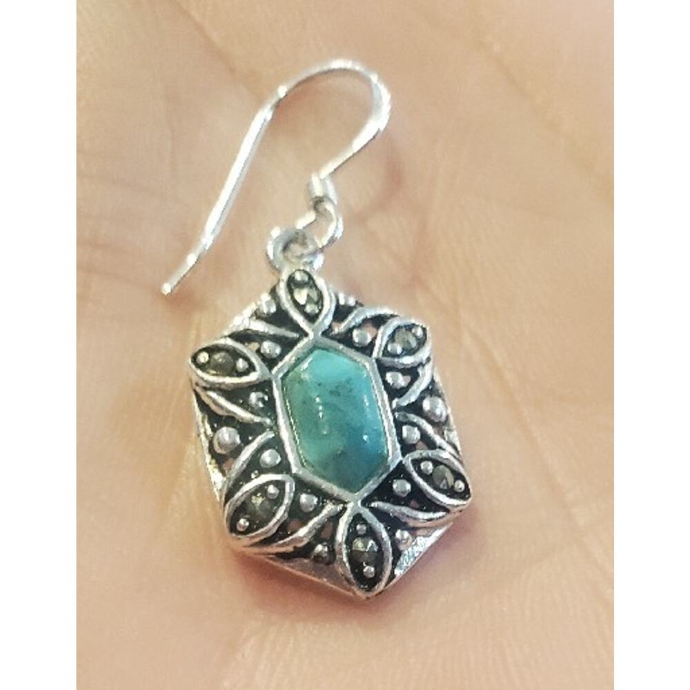 Southwest Style Earrings Dainty Small Turquoise Silver Tone 1.25" Signed - Picture 2 of 7
